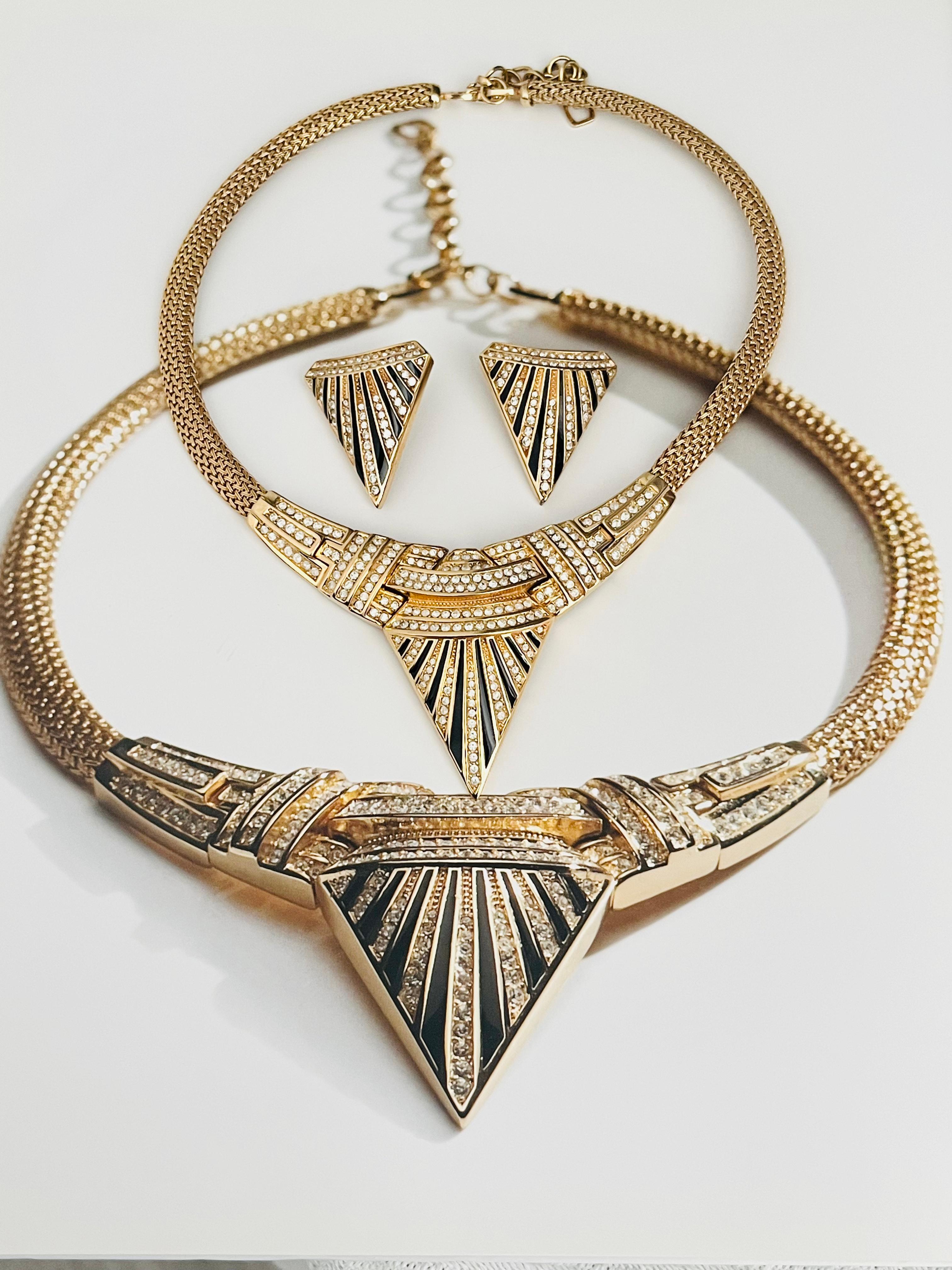 Art Déco Christian Dior GROSSE 1985 Triangolo Onice Cristalli Radianti Milanese Tessuto 2 Set in vendita