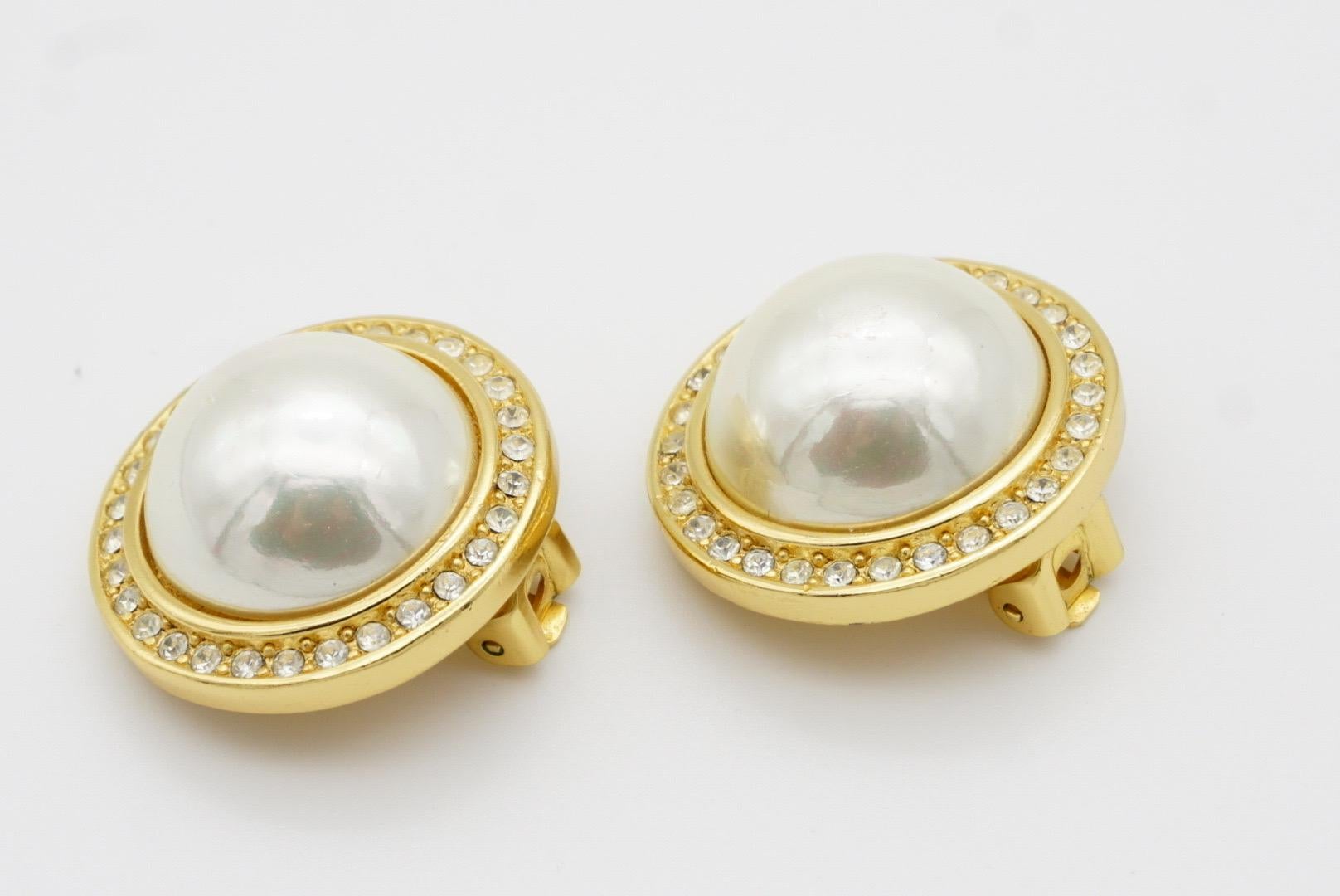 Christian Dior GROSSE 1990 CHC Large Round White Pearl Crystals Clip Earrings For Sale 5