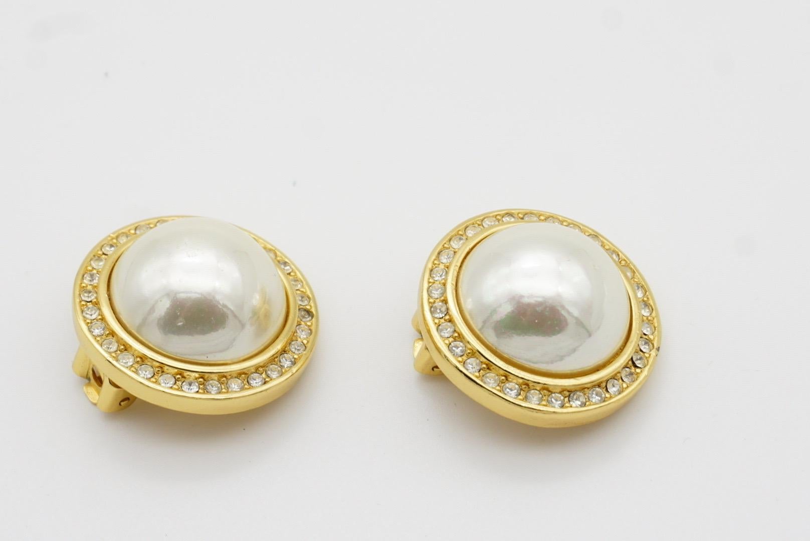 Christian Dior GROSSE 1990 CHC Large Round White Pearl Crystals Clip Earrings For Sale 5