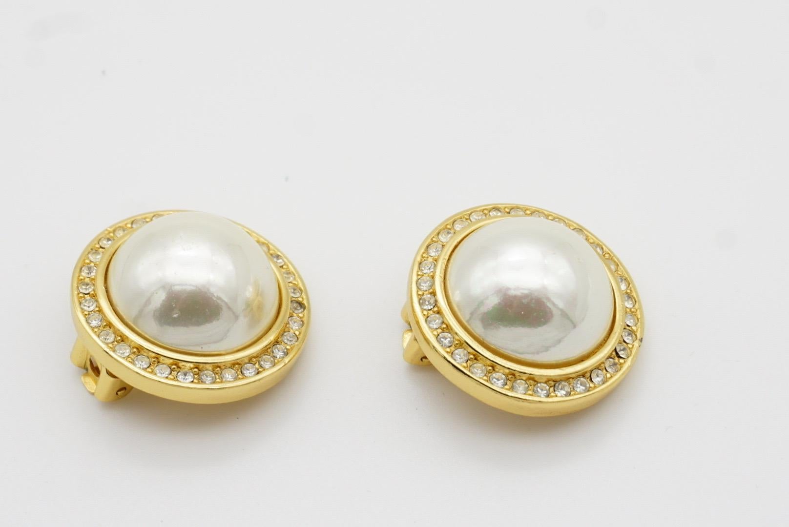 Christian Dior GROSSE 1990 CHC Large Round White Pearl Crystals Clip Earrings For Sale 7