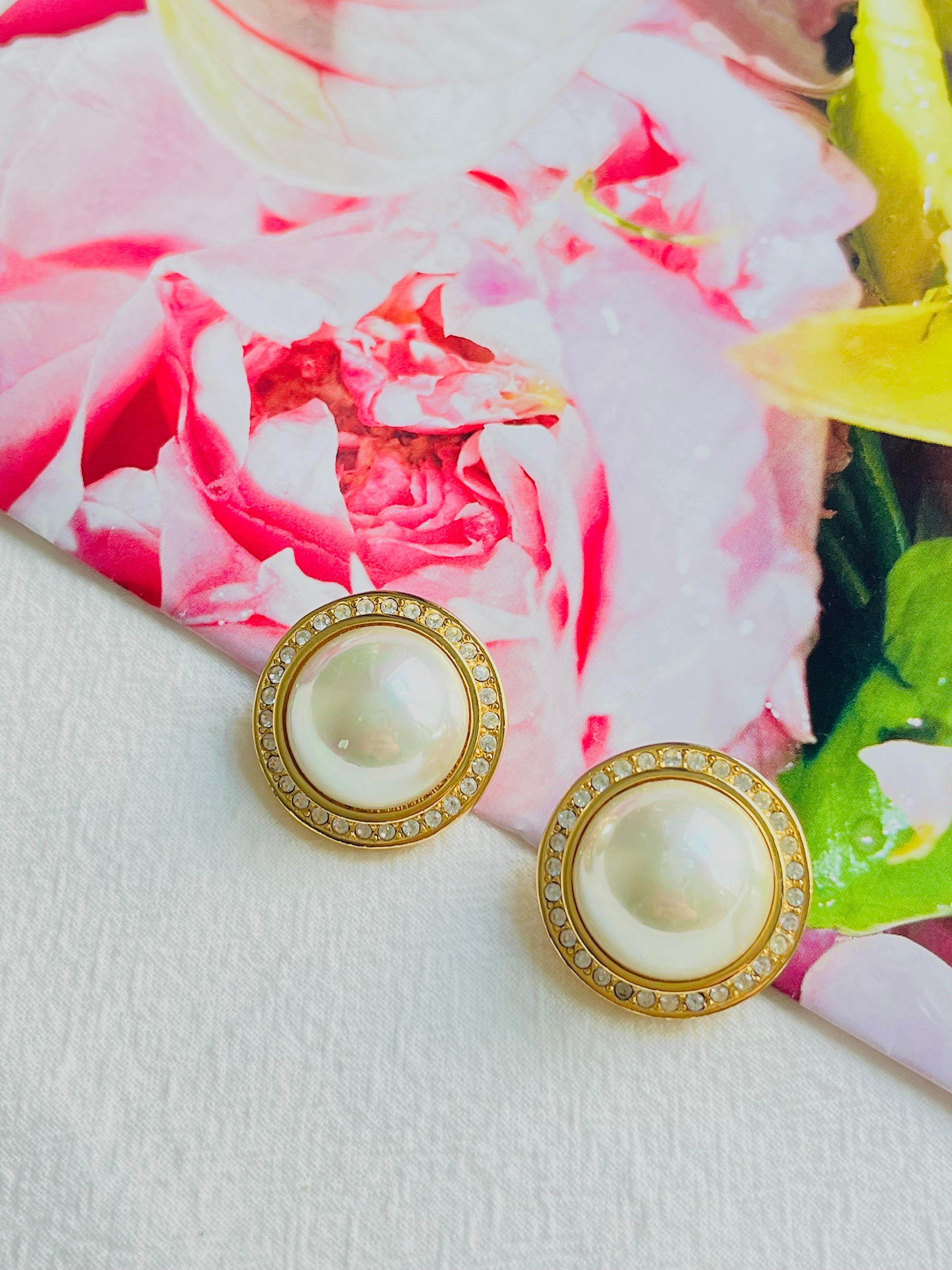 Baroque Christian Dior GROSSE 1990 CHC Large Round White Pearl Crystals Clip Earrings For Sale