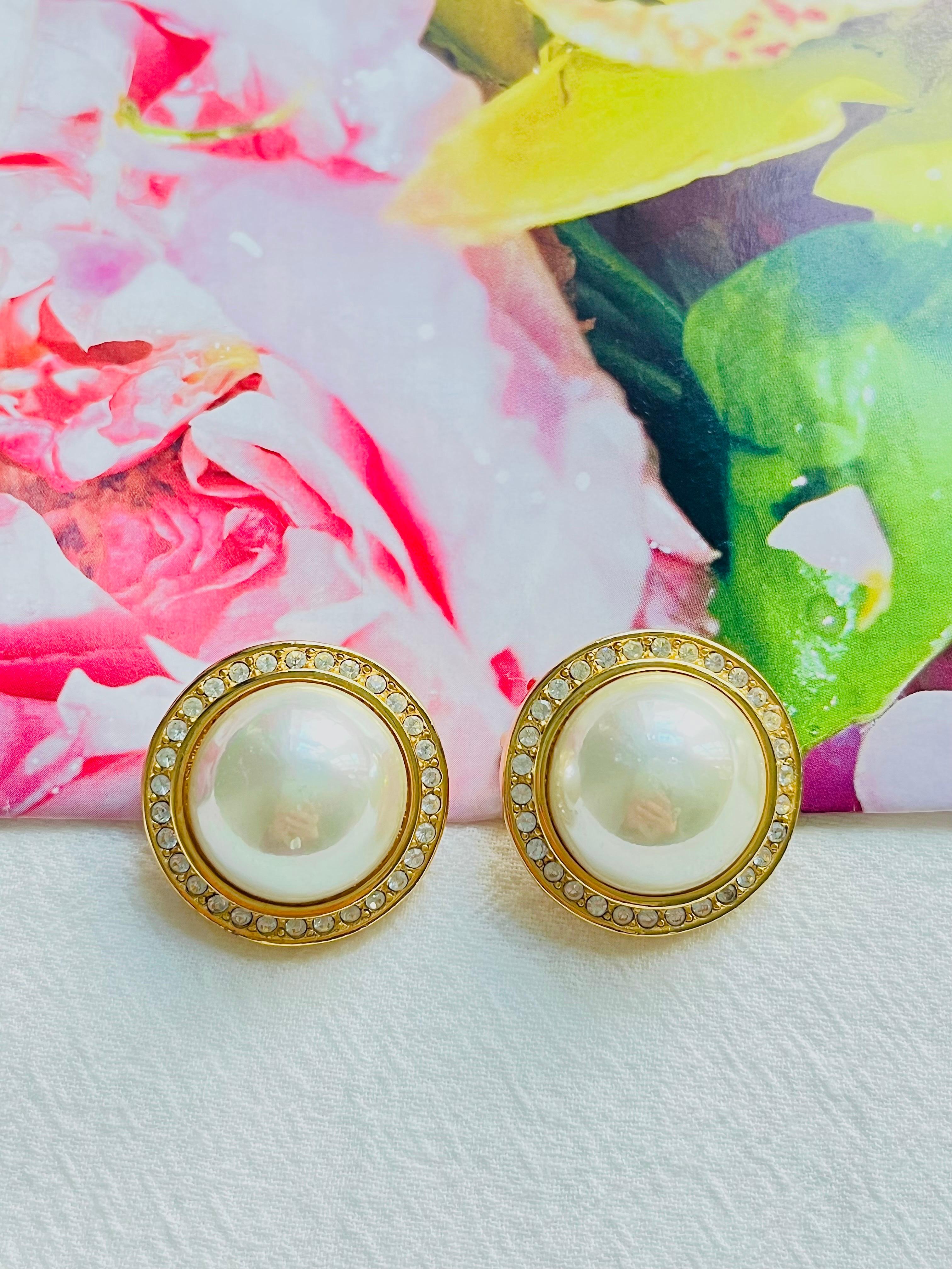 Art Deco Christian Dior GROSSE 1990 CHC Large Round White Pearl Crystals Clip Earrings For Sale