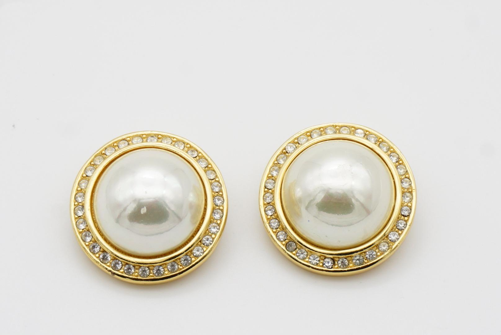 Christian Dior GROSSE 1990 CHC Large Round White Pearl Crystals Clip Earrings For Sale 2