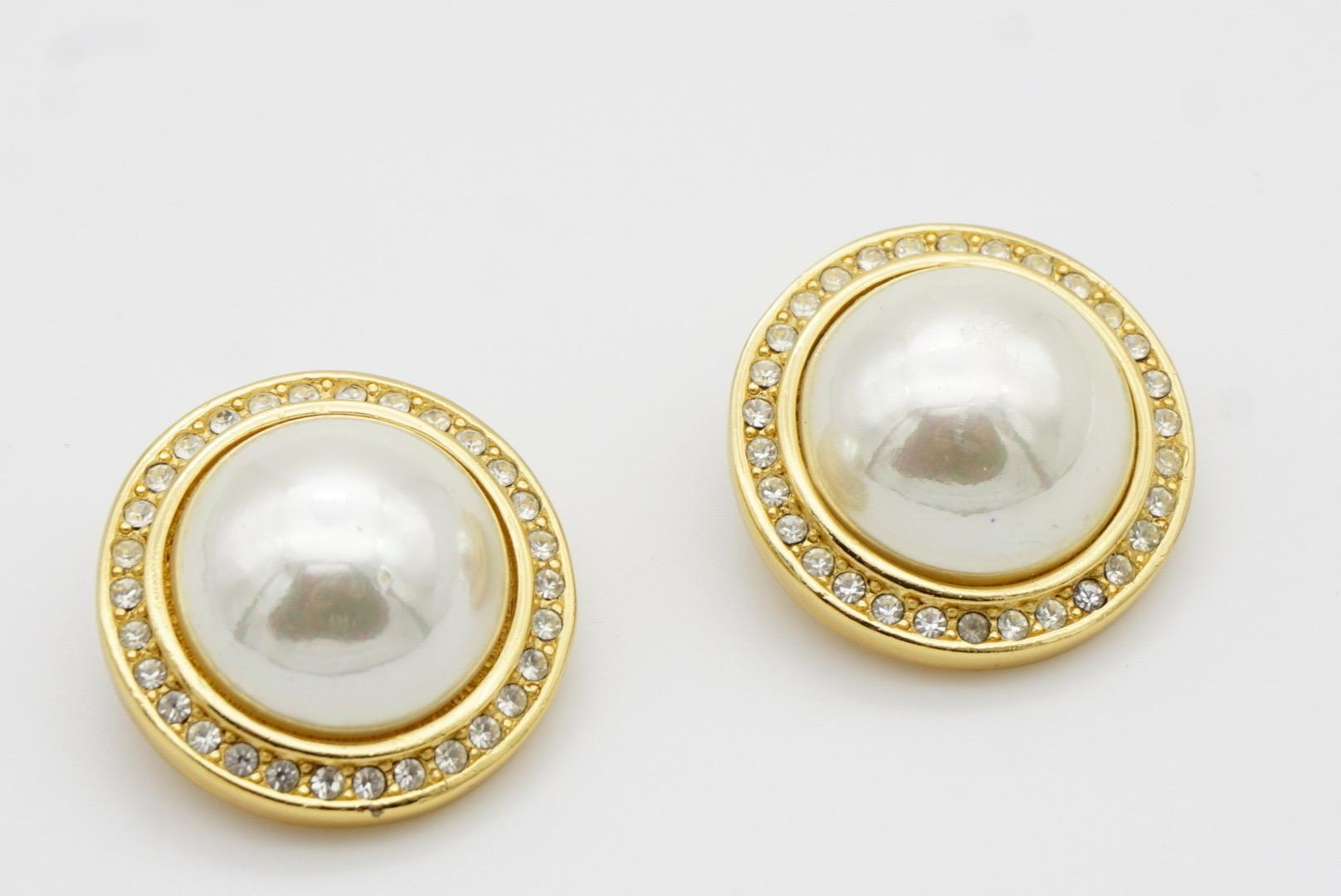 Christian Dior GROSSE 1990 CHC Large Round White Pearl Crystals Clip Earrings For Sale 4