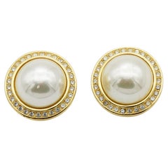 Christian Dior GROSSE 1990 Gold Large White Round Pearl Crystals Clip Earrings