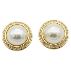 Christian Dior GROSSE 1990 Gold Large White Round Pearl Crystals Clip Earrings