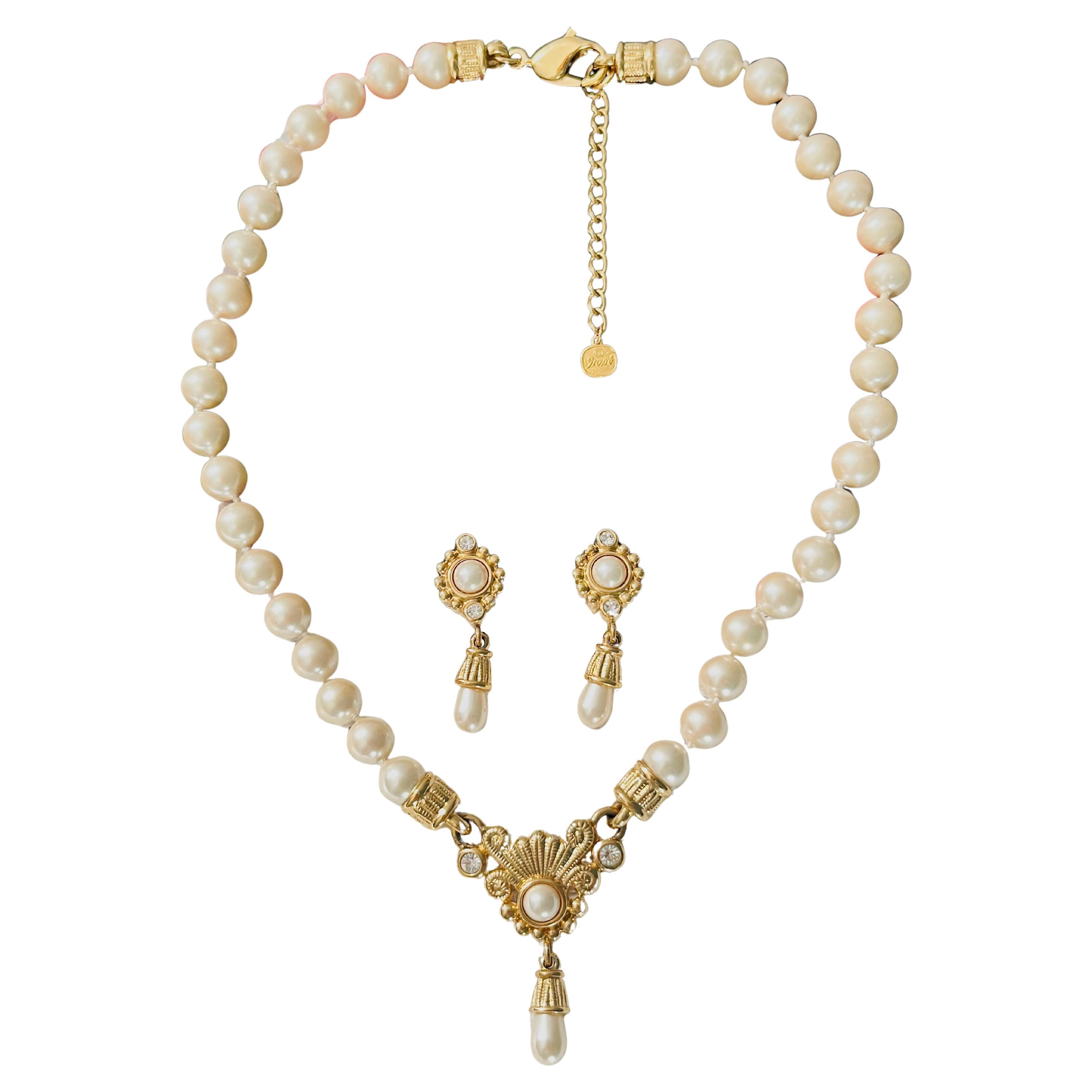 Christian Dior GROSSE Baroque Flower White Pearls Crystal Gold Water Drop 2 Set