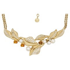 Christian Dior GROSSE Citrine Crystals White Pearl Leaf Floral Strands Necklace