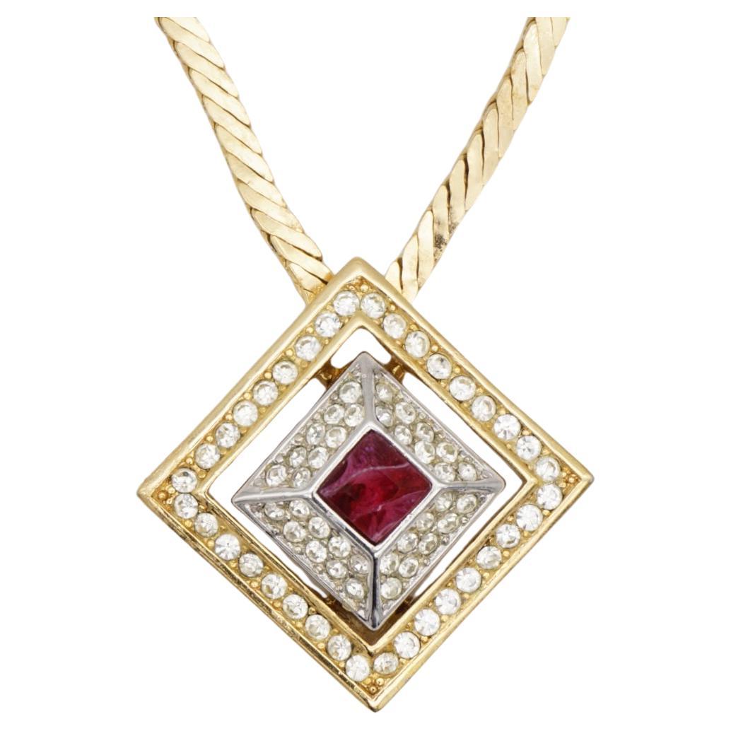 Christian Dior GROSSE 1970s Vintage Double Square Diamond Ruby Red Crystals Openwork Link Pyramid Pendant Necklace, Gold Silver Plated

Very good condition. Light scratches or colour loss, barely noticeable. 100% Genuine.

Signed at back. Rare to