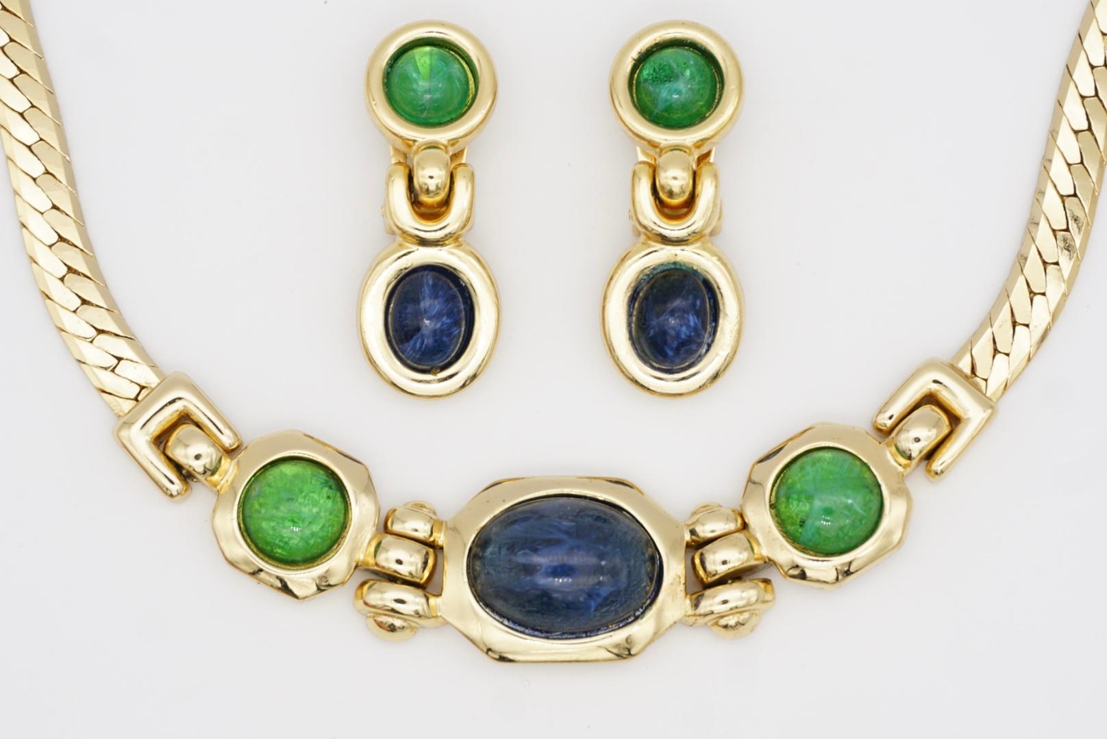 Christian Dior GROSSE Emerald Sapphire Cabochon Dangle Necklace Earrings Set For Sale 5