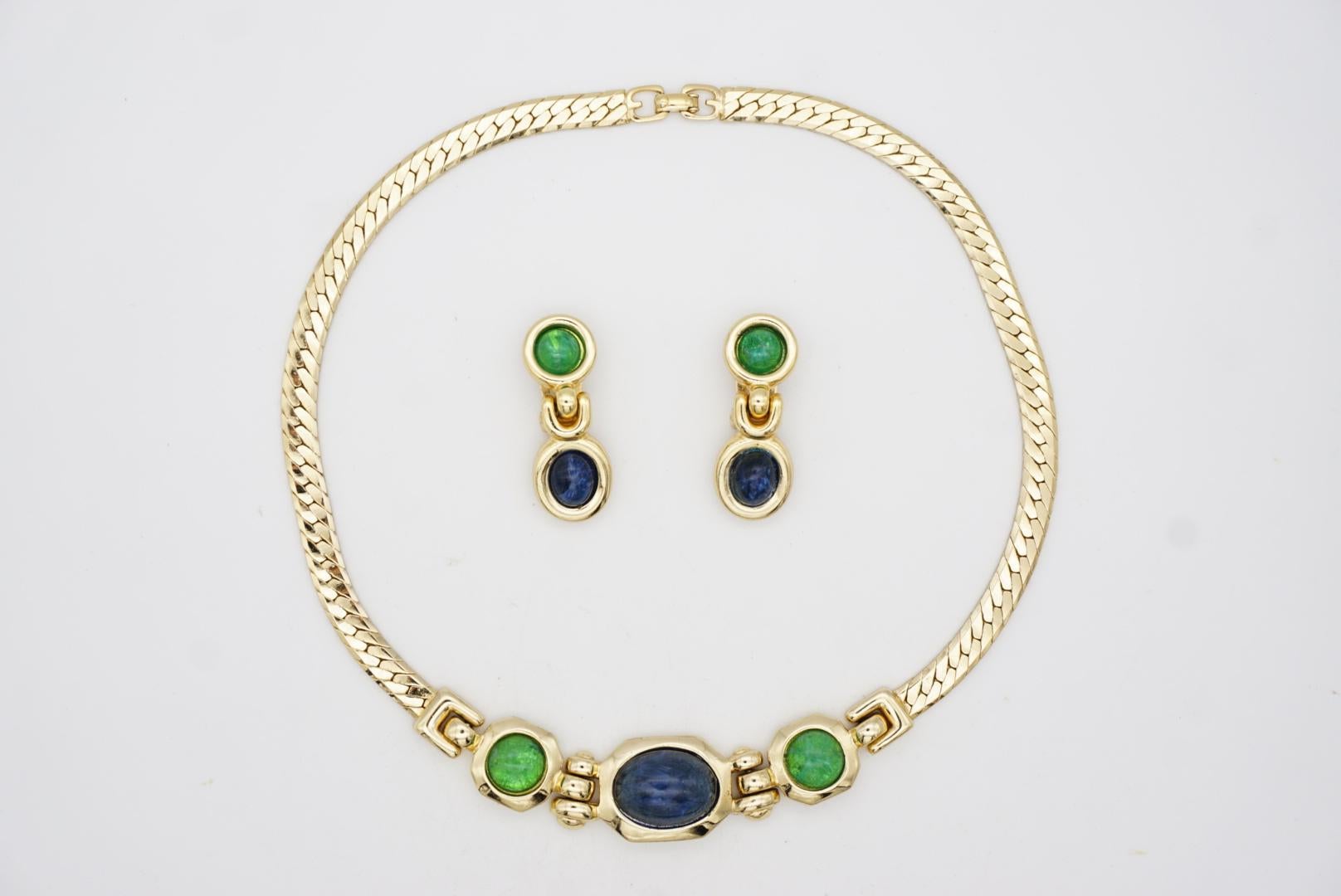 Christian Dior GROSSE Emerald Sapphire Cabochon Dangle Necklace Earrings Set For Sale 6