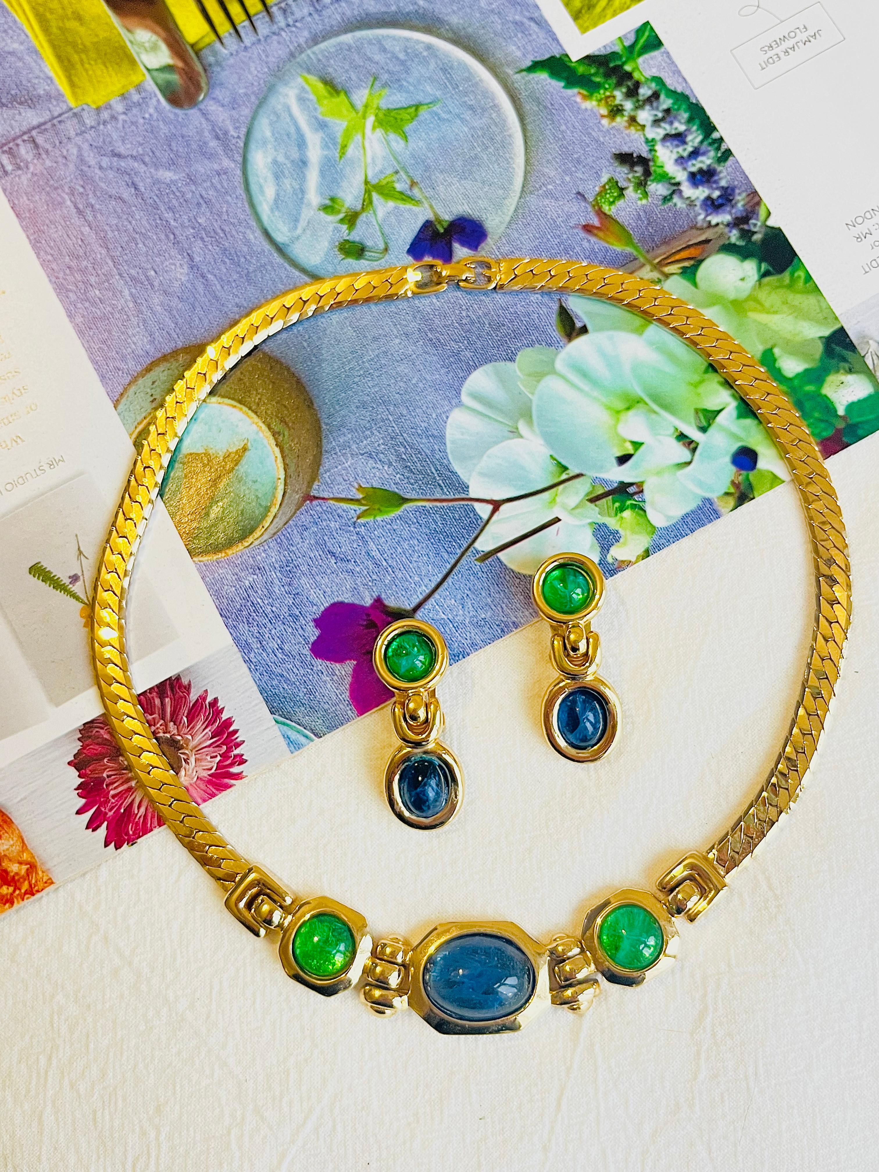 Art Deco Christian Dior GROSSE Emerald Sapphire Cabochon Dangle Necklace Earrings Set
