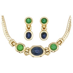 Christian Dior GROSSE Emerald Sapphire Oval Cabochon Dangle Pendant 2 Gold Set