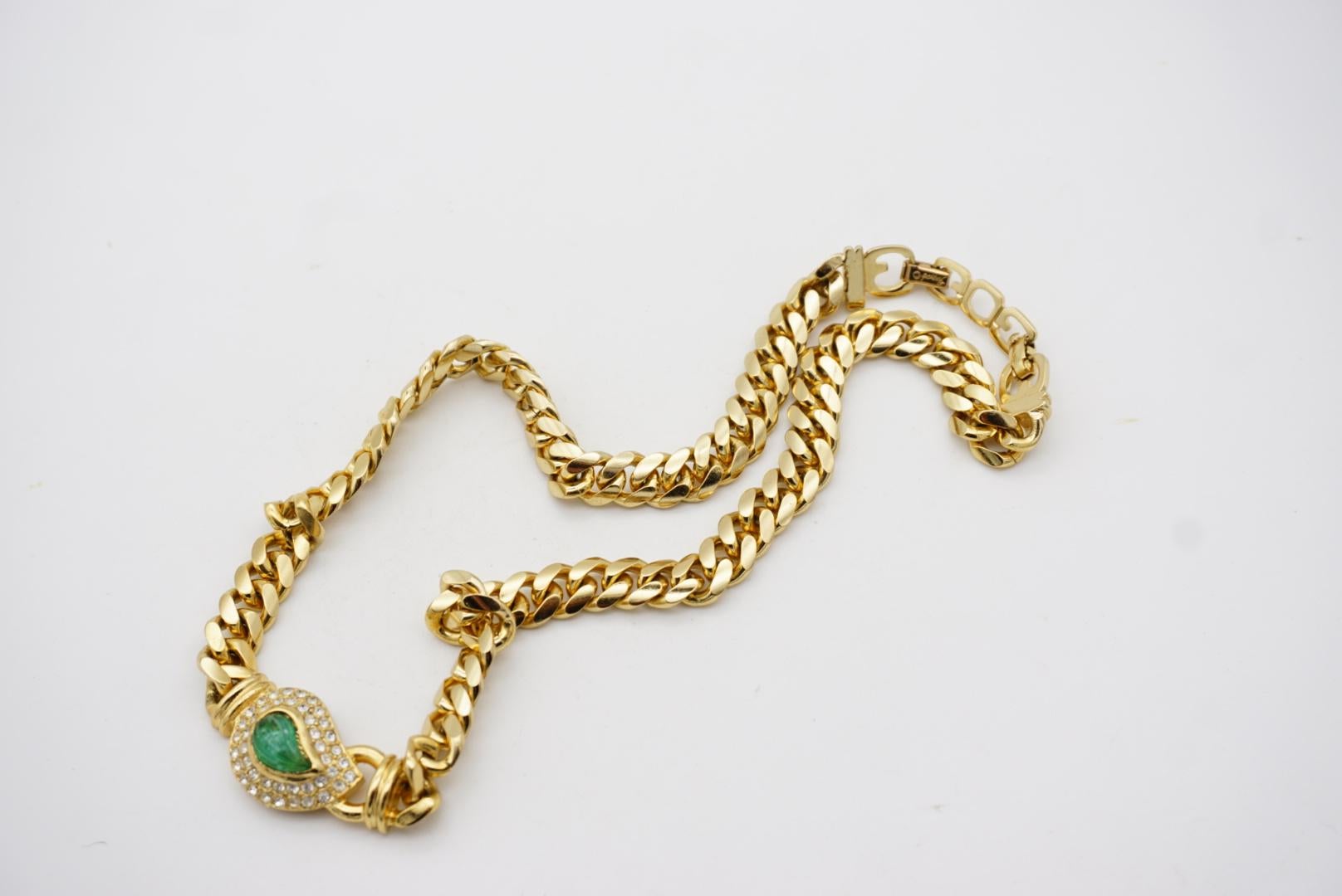 Christian Dior GROSSE Gripoix Emerald Crystal Leaf Teardrop Gold Cuban Necklace 5