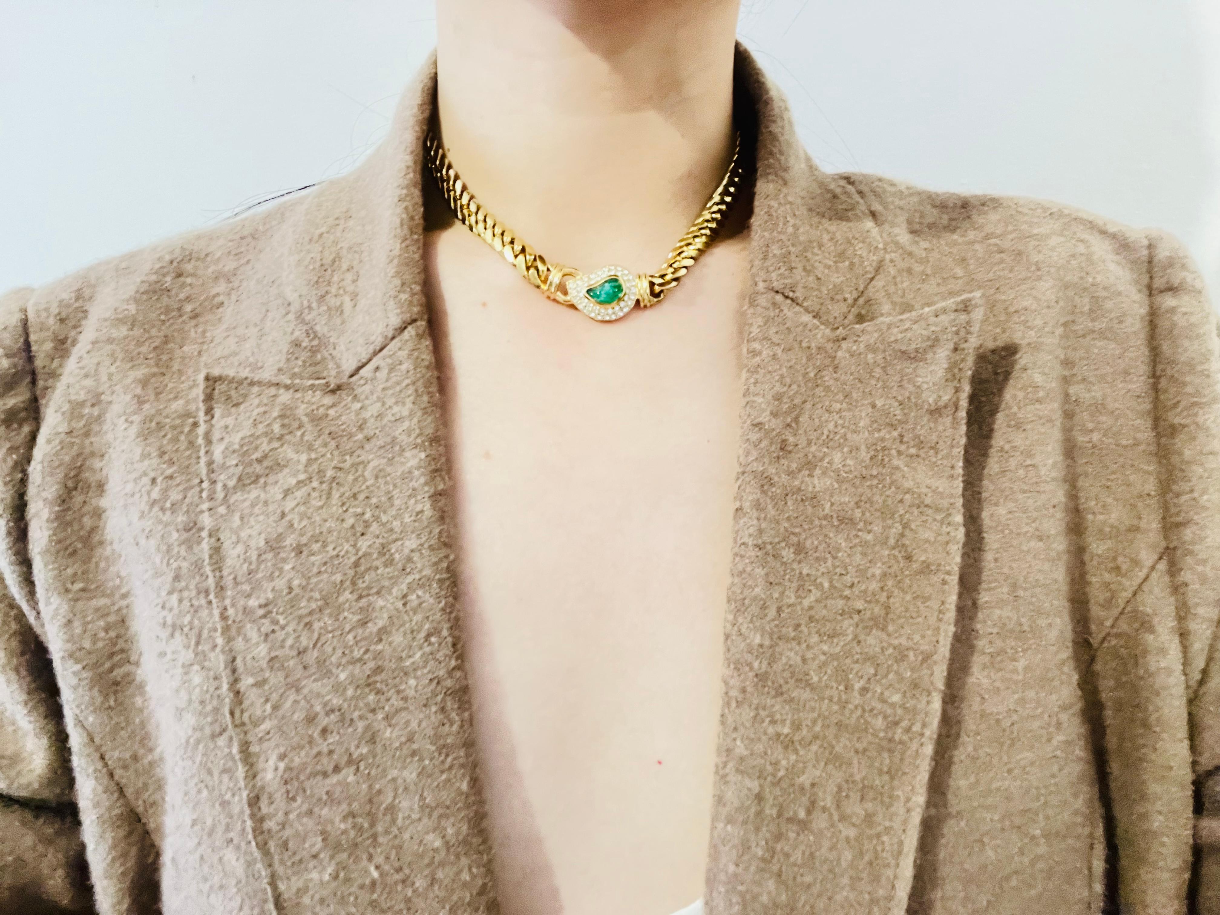 Art Deco Christian Dior GROSSE Gripoix Emerald Crystal Leaf Teardrop Gold Cuban Necklace