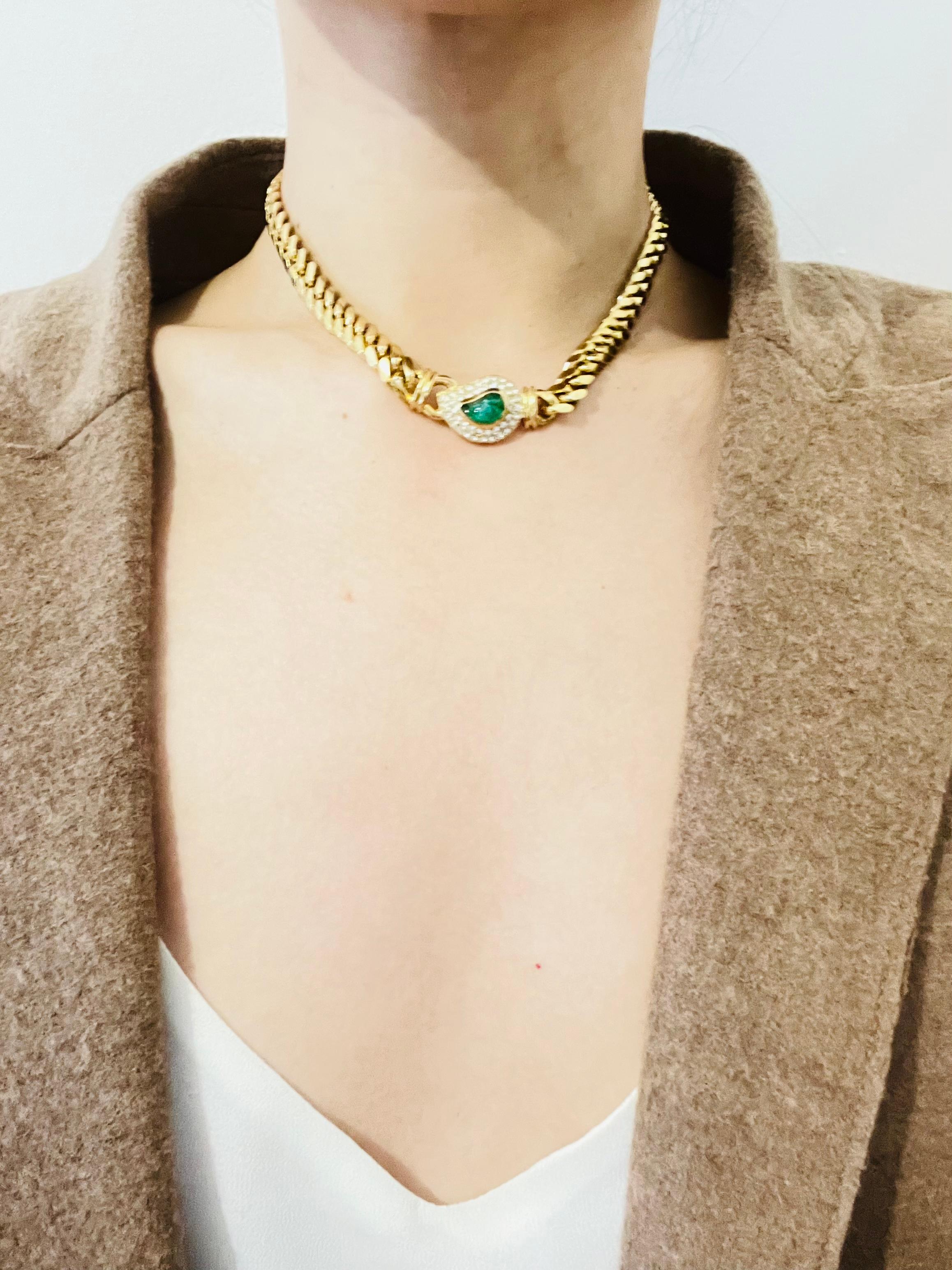 Women's or Men's Christian Dior GROSSE Gripoix Emerald Crystal Leaf Teardrop Gold Cuban Necklace