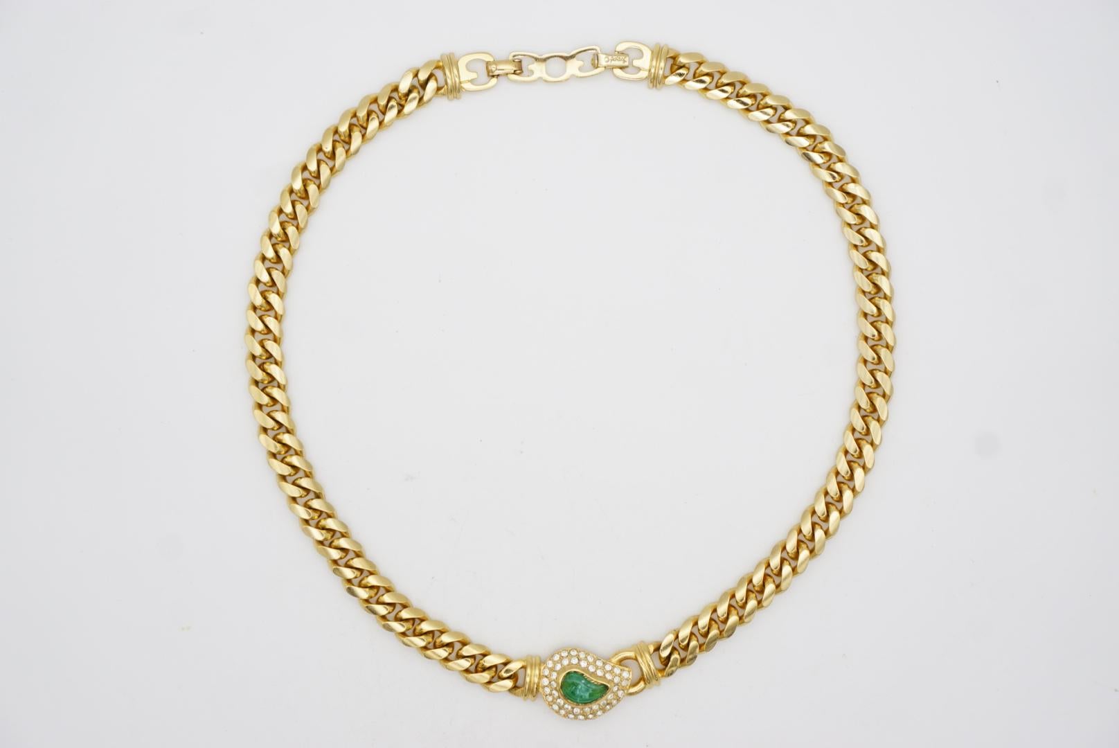 Christian Dior GROSSE Gripoix Emerald Crystal Leaf Teardrop Gold Cuban Necklace 1