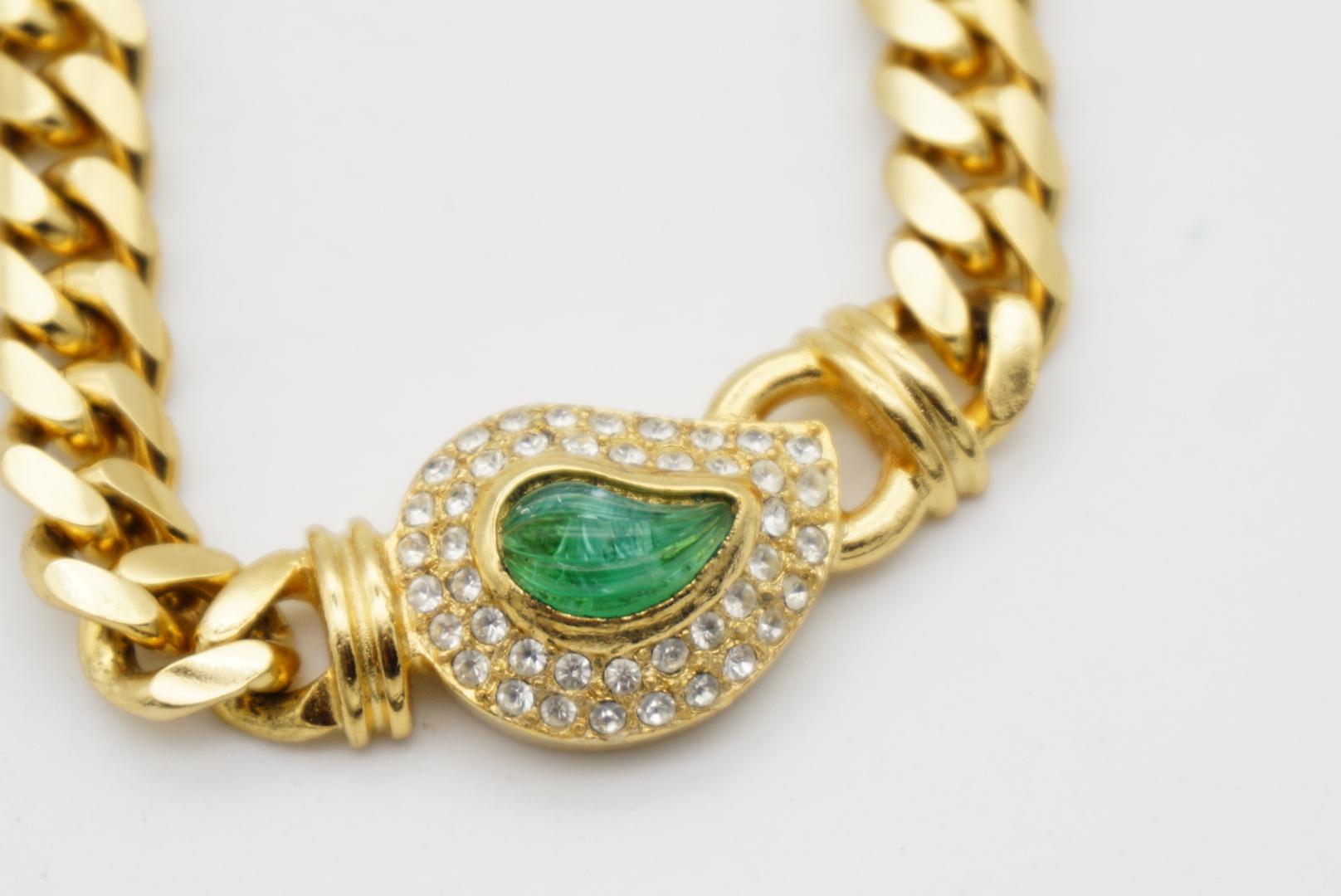 Christian Dior GROSSE Gripoix Emerald Crystal Leaf Teardrop Gold Cuban Necklace 2