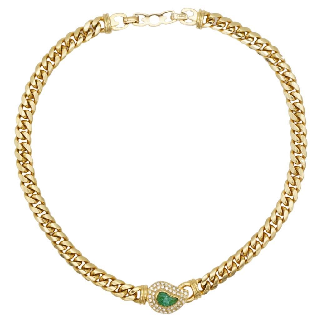 Christian Dior GROSSE Gripoix Emerald Crystal Leaf Teardrop Gold Cuban Necklace
