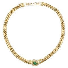 Vintage Christian Dior GROSSE Gripoix Emerald Crystal Leaf Teardrop Gold Cuban Necklace