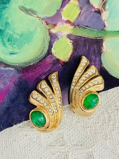 Christian Dior GROSSE Gripoix Gold Green Emerald Wing Oval Crystals Earrings