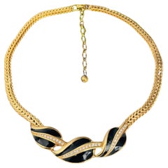 Christian Dior GROSSE Iconic Gold Unisex Leaf Trio Black Braided Enamel Necklace