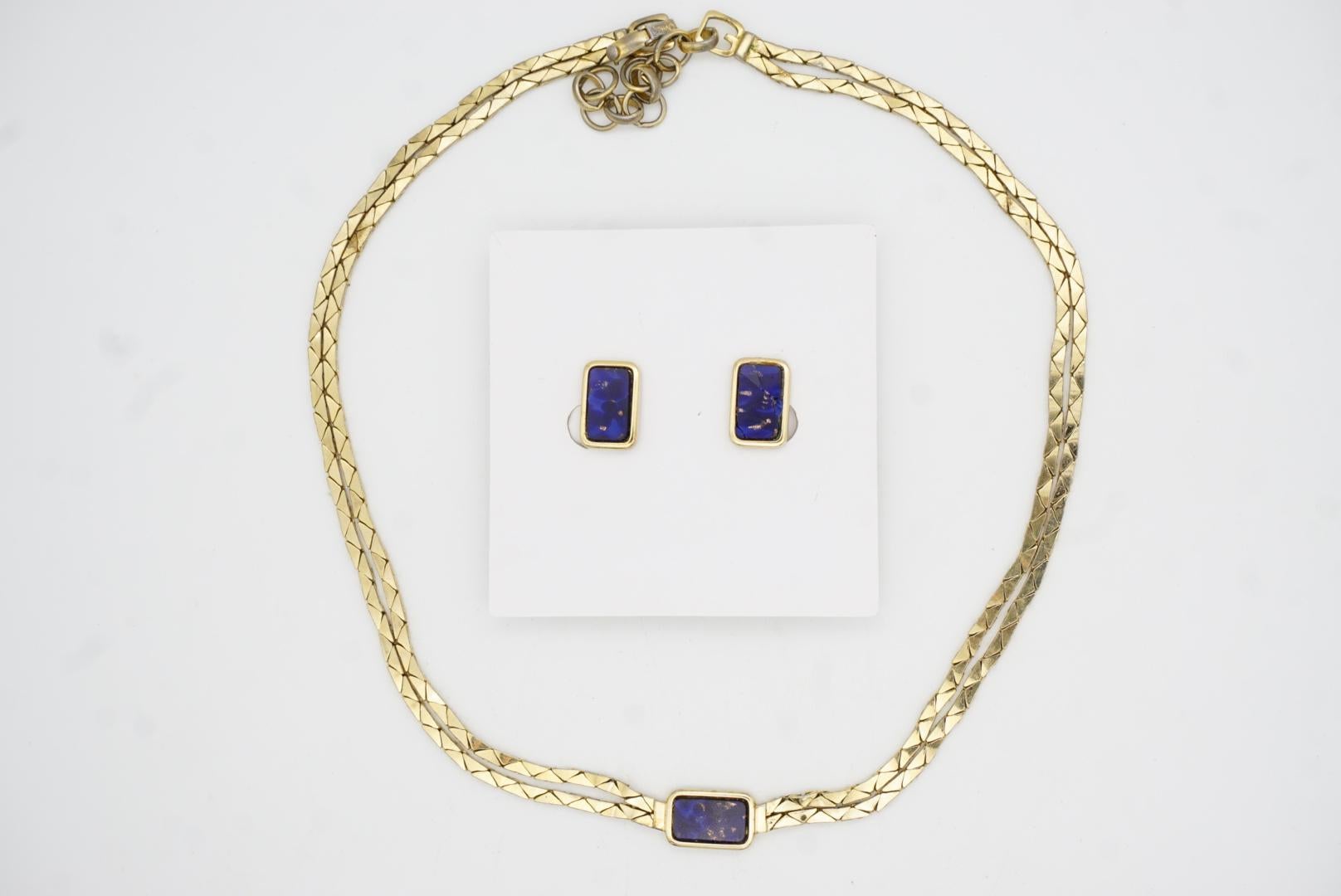Christian Dior GROSSE Lapis Foil Rectangle Double Strands Link Chain 2 Gold Set in vendita 8