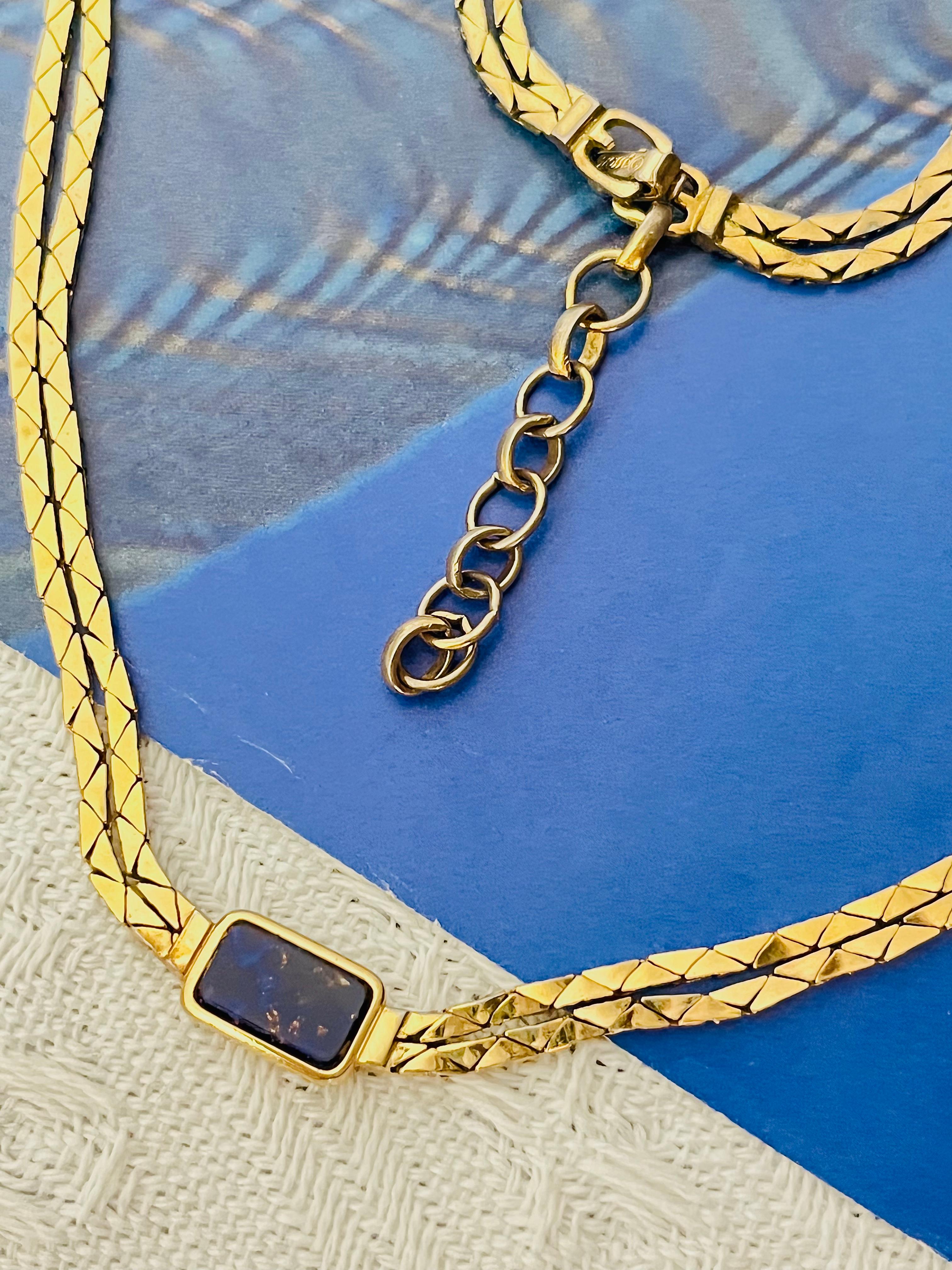 Art Déco Christian Dior GROSSE Lapis Foil Rectangle Double Strands Link Chain 2 Gold Set in vendita