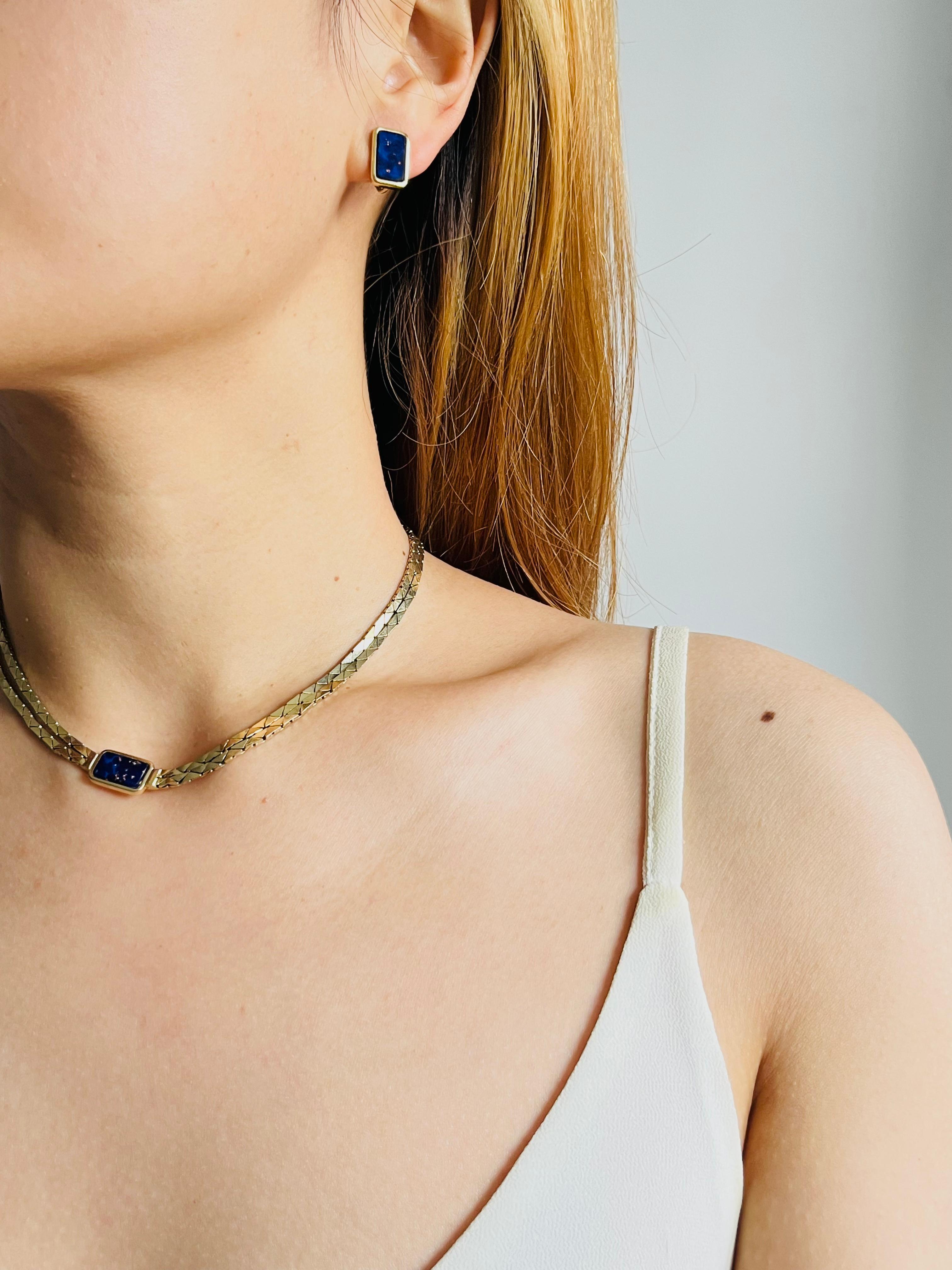Christian Dior GROSSE Lapis Foil Rectangle Double Strands Link Chain 2 Gold Set in vendita 1