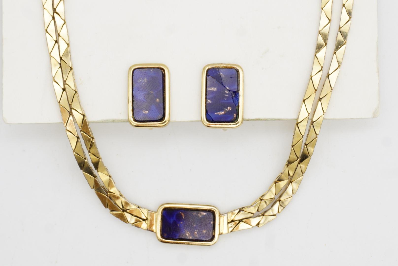 Christian Dior GROSSE Lapis Foil Rectangle Double Strands Link Chain 2 Gold Set in vendita 4