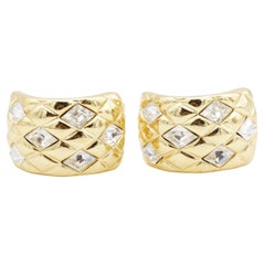 Christian Dior GROSSE Large Matelassé Diamond Crystals Plaid Hoop Domed Earrings