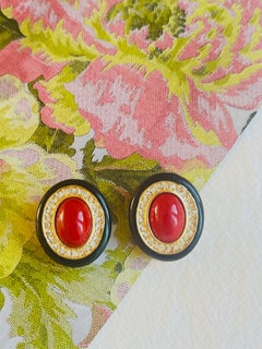 Christian Dior GROSSE Large Red Black Oval Cabochon Crystals Chunky Earrings