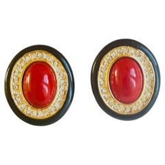 Christian Dior GROSSE Large Red Black Oval Cabochon Crystals Chunky Earrings