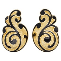 Christian Dior GROSSE Boucles d'oreilles à clip avec feuilles, émail noir, boucles d'oreilles en forme de vin, larges et épaisses