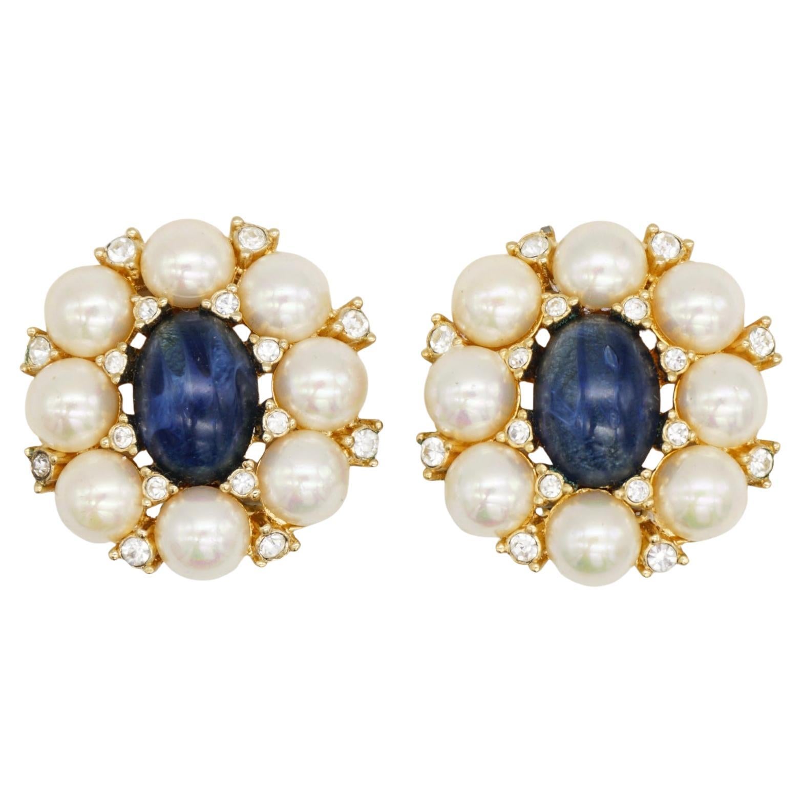 Christian Dior GROSSE Zaffiro Ovale Bianco Rotondo Perle Cristalli Orecchini a Clip in vendita