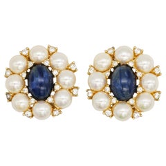 Christian Dior GROSSE Sapphire Pearls Crystals Oval White Round Clip Earrings