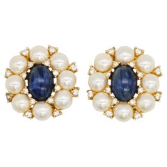 Christian Dior GROSSE Sapphire Pearls Crystals Oval White Round Clip Earrings