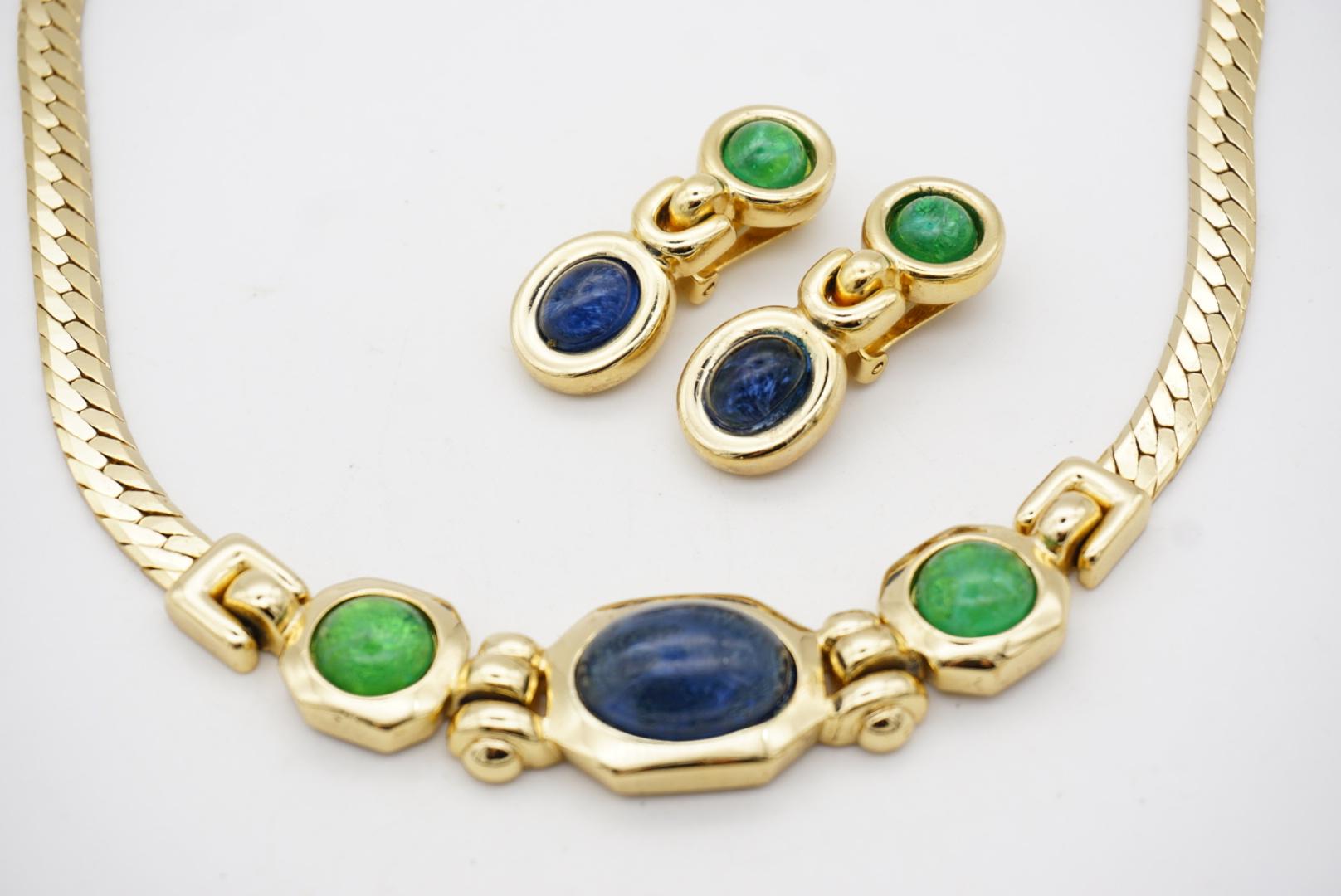 Christian Dior GROSSE Vintage Emerald Sapphire Pendant Drop Gold Jewellery Set For Sale 5