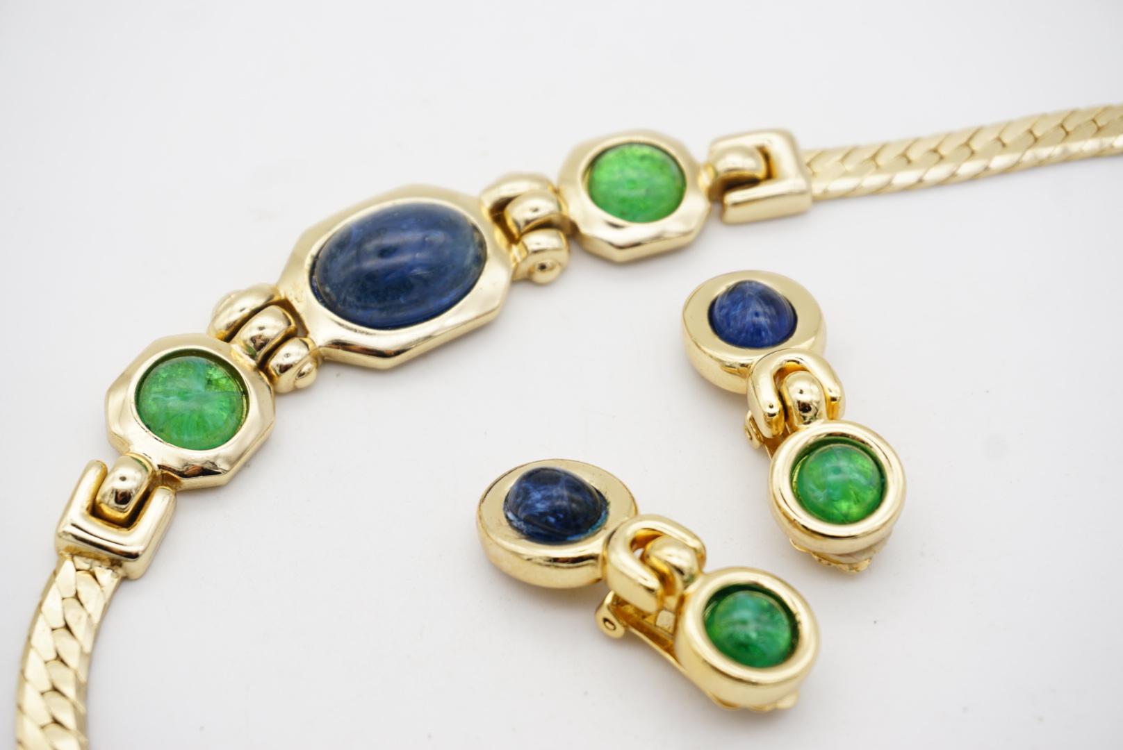 Christian Dior GROSSE Vintage Emerald Sapphire Pendant Drop Gold Jewellery Set For Sale 6