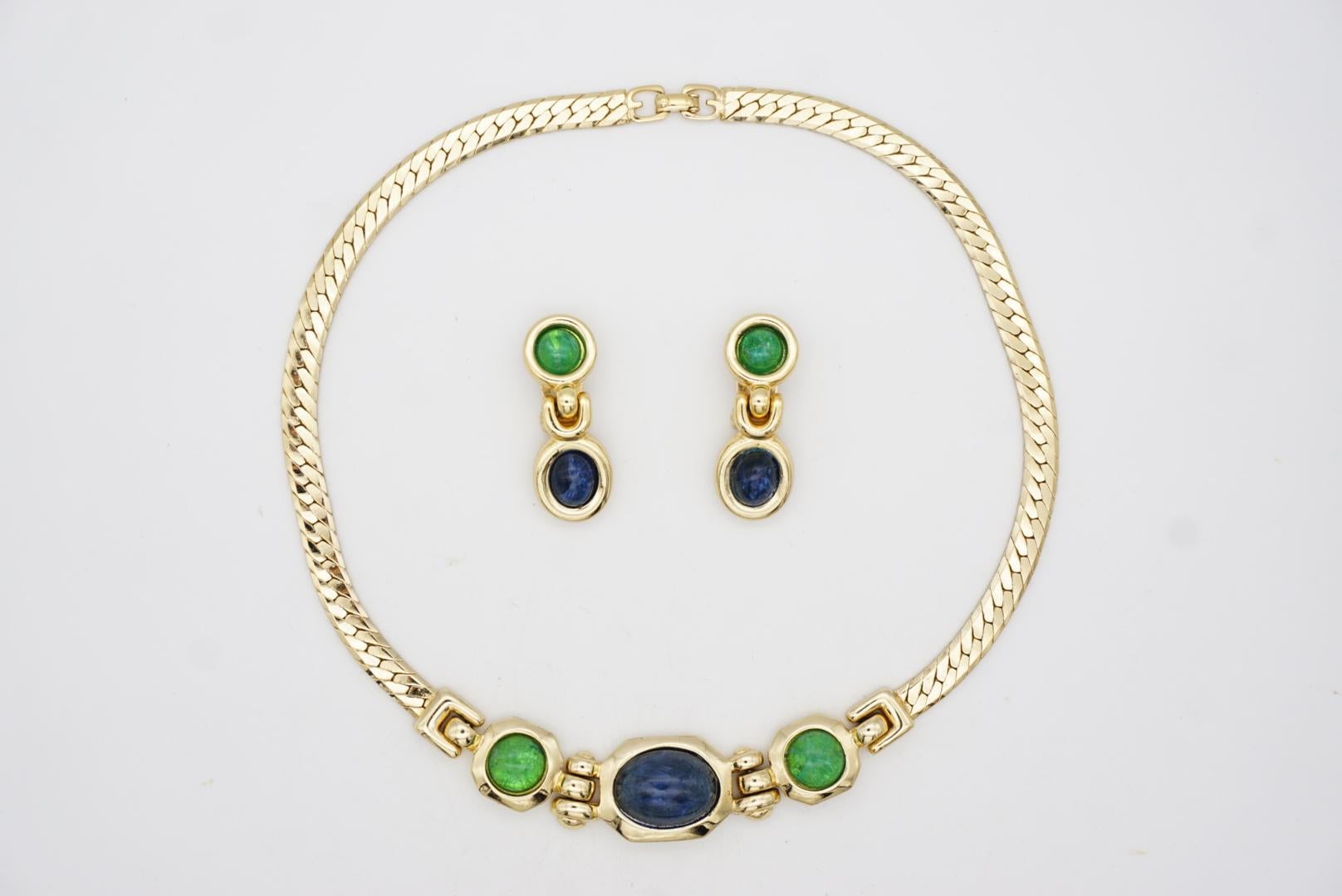 Christian Dior GROSSE Vintage Emerald Sapphire Pendant Drop Gold Jewellery Set For Sale 4