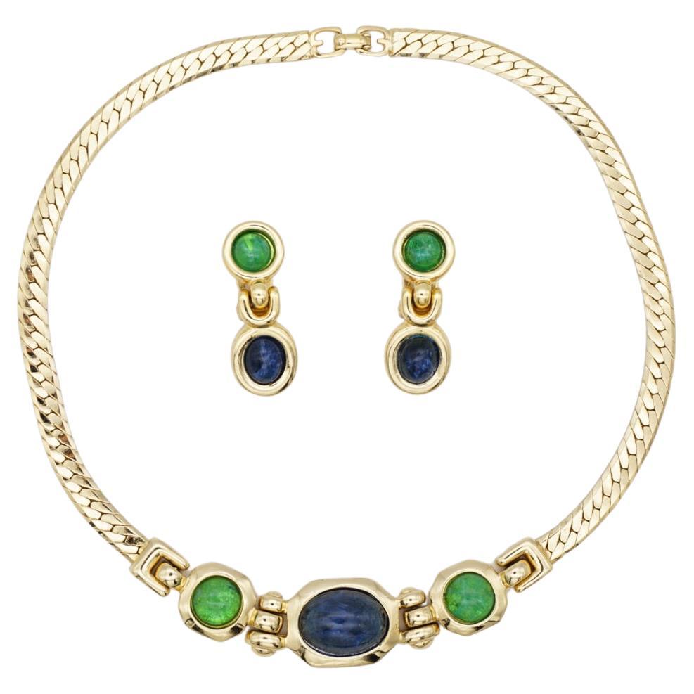 Christian Dior GROSSE Vintage Emerald Sapphire Pendant Drop Gold Jewellery Set For Sale