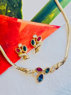 Christian Dior GROSSE Vintage Flower Leaf Crystals Emerald Sapphire Ruby Set