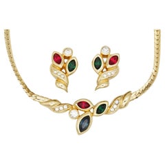Christian Dior GROSSE Vintage Flower Leaf Crystals Emerald Sapphire Ruby Set