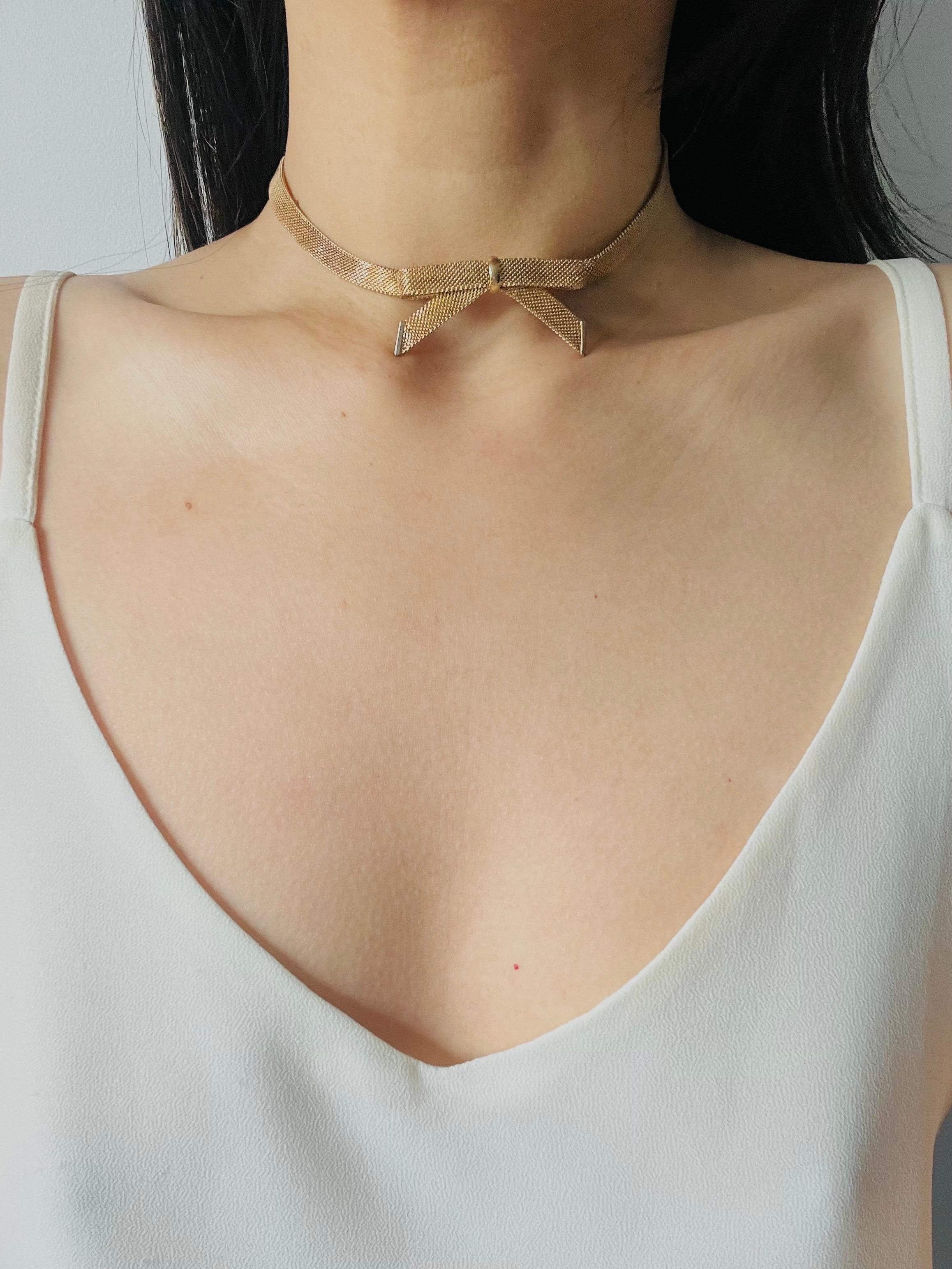 Women's or Men's Christian Dior GROSSE Vintage Knot Bow Ribbon Butterfly Mesh Woven Gold Necklace