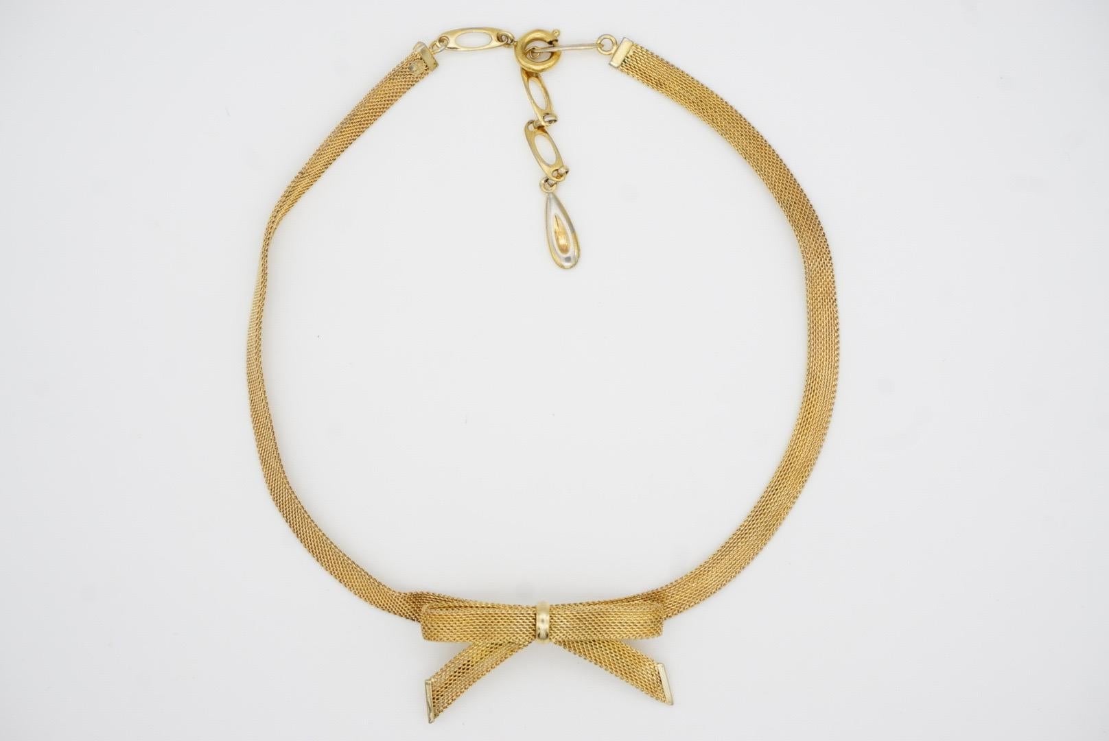 Christian Dior GROSSE Vintage Knot Bow Ribbon Butterfly Mesh Woven Gold Necklace 2