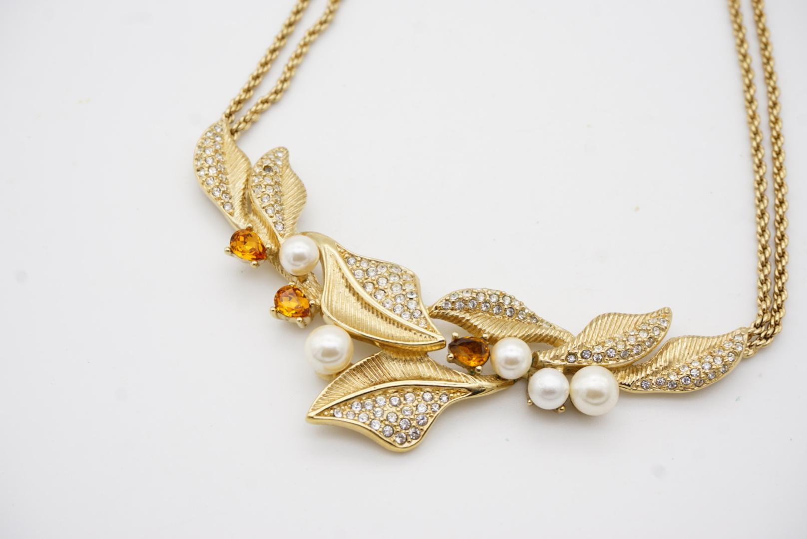 Christian Dior GROSSE Vintage Strand Leaf Yellow Crystal Pearl Pendant Necklace For Sale 3