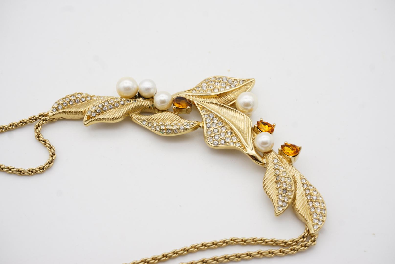 Christian Dior GROSSE Vintage Strand Leaf Yellow Crystal Pearl Pendant Necklace For Sale 4