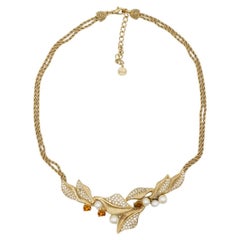 Christian Dior GROSSE Retro Strand Leaf Yellow Crystal Pearl Pendant Necklace