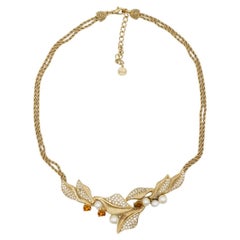 Christian Dior GROSSE Collana vintage con ciondolo di perle e cristallo giallo a forma di foglia