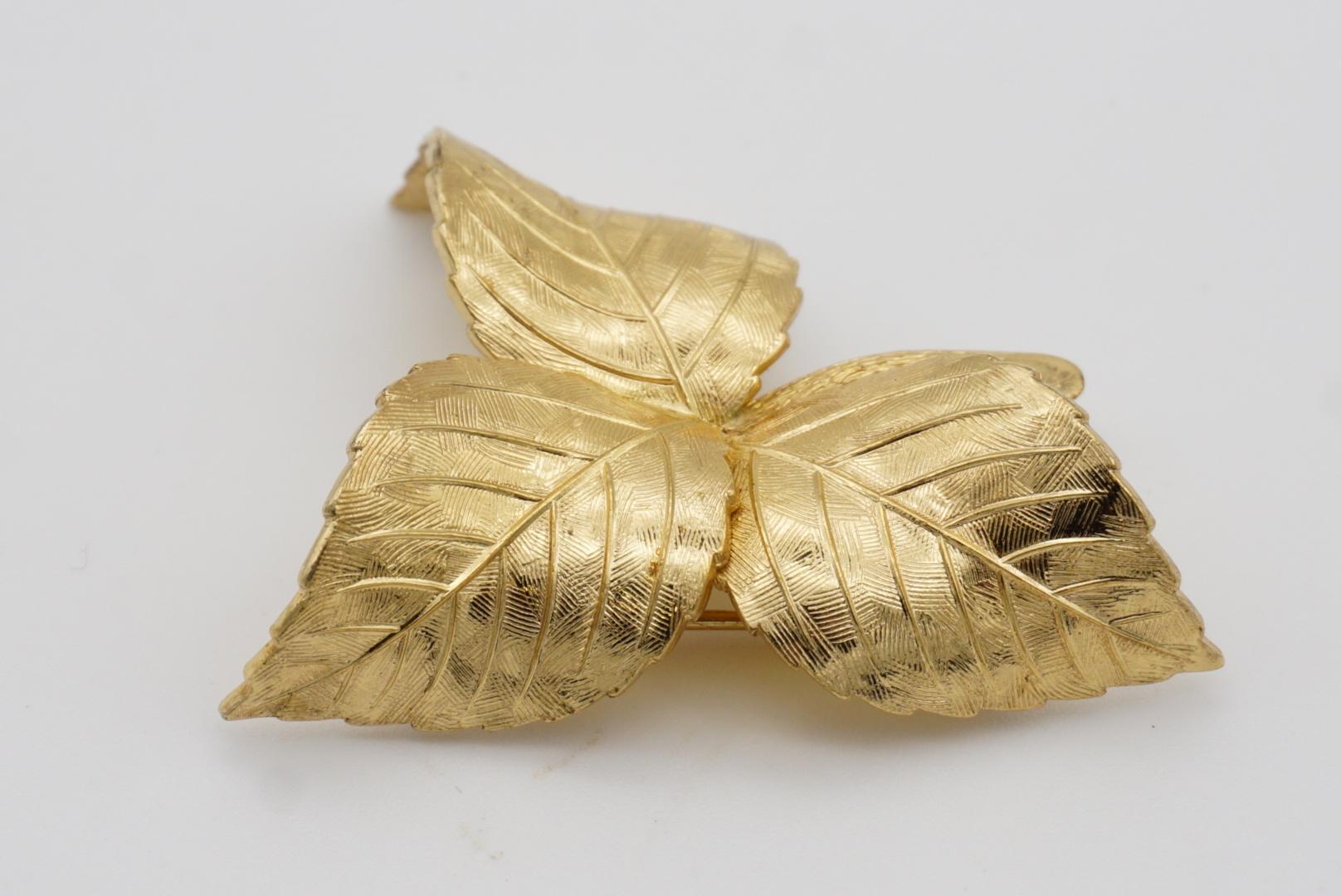 Christian Dior GROSSE Vintage Textured Vivid Trio Three Swirl Leaf Gold Brooch  For Sale 4